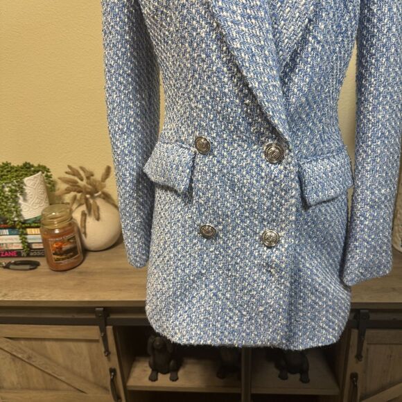 Zara Blue Tweed Double Breasted Boucle Blazer Sz S Blogger Fave Classic Preppy - Picture 4 of 10